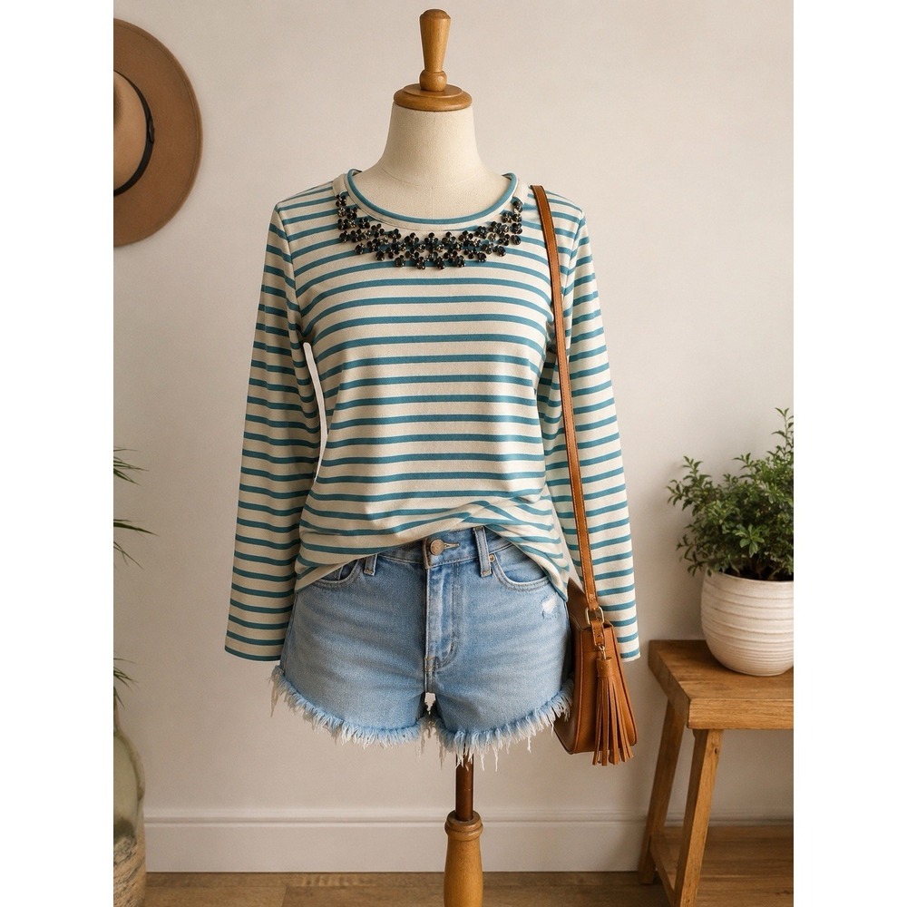 Tory Burch Embellished Striped Top Blue Cream Preppy Nautical Size S
